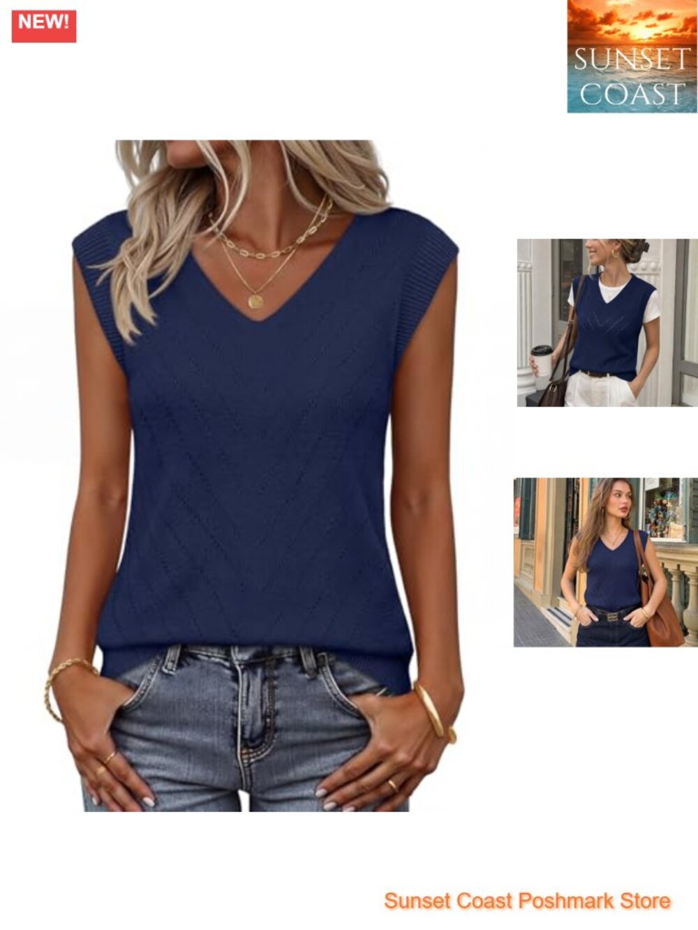 Womens Lightweight Knit Sweater Vest V Neck Eyelet Sleeveless Tank Top